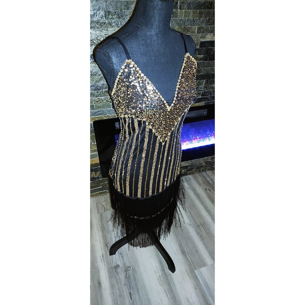 Black & Gold Sequin & Beaded Roaring Twenties Flapper Mardi Gras Dress Size M
